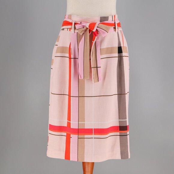 NWT ANN TAYLOR Linen Blend Plaid Tie-Waist Pencil Skirt Pink Multi Size 8 - Picture 2 of 8